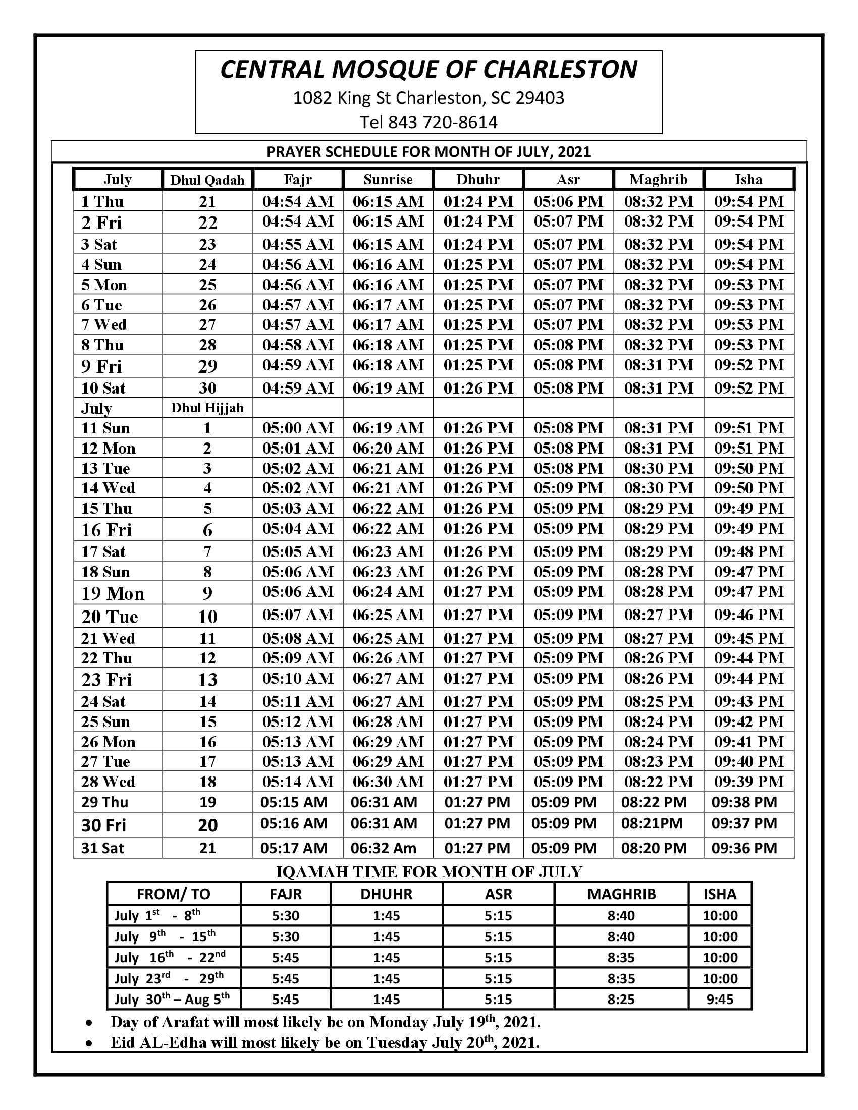 July-prayer-schedule – Central Mosque of Charleston