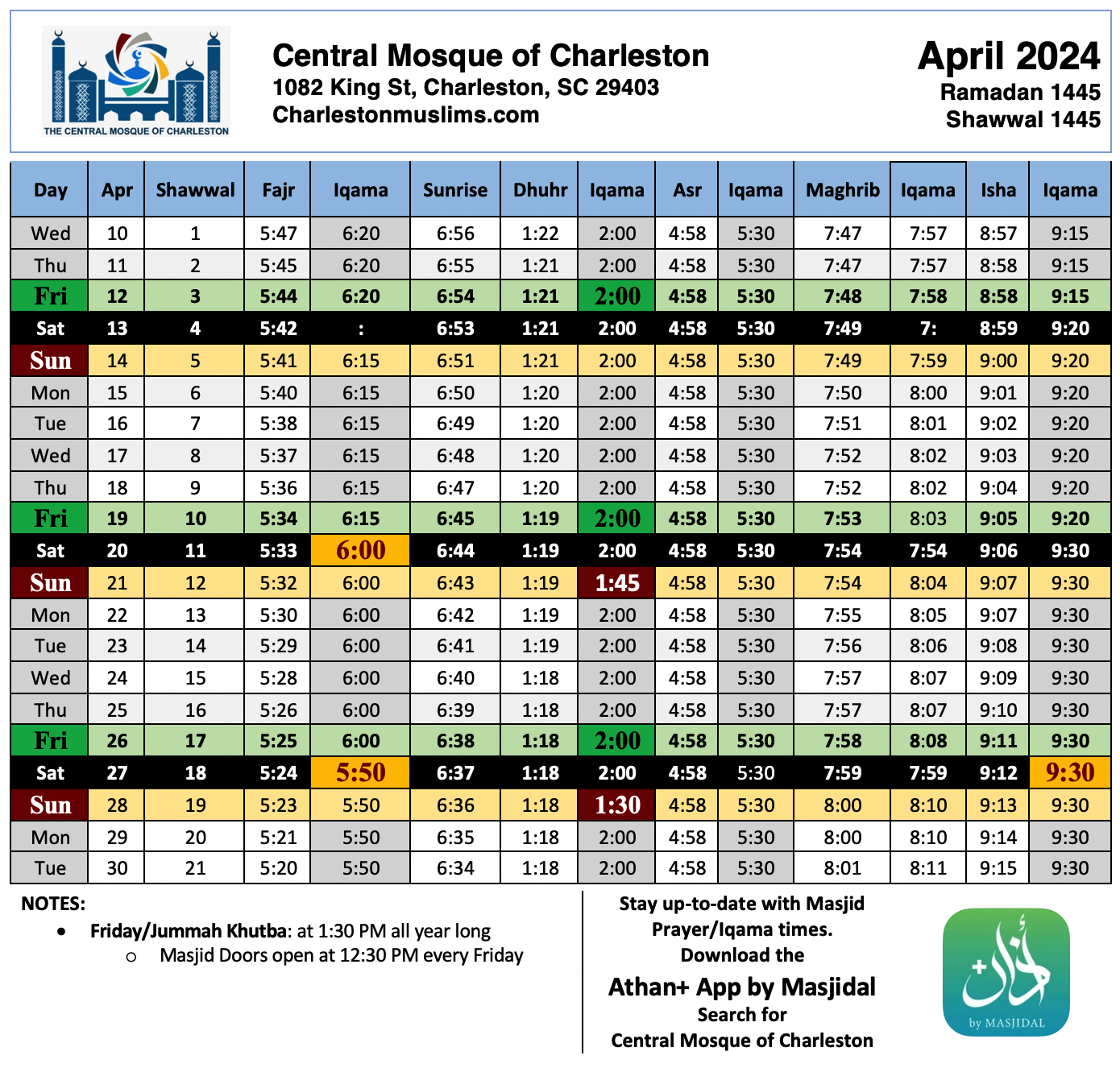 Prayer Times – Central Mosque of Charleston